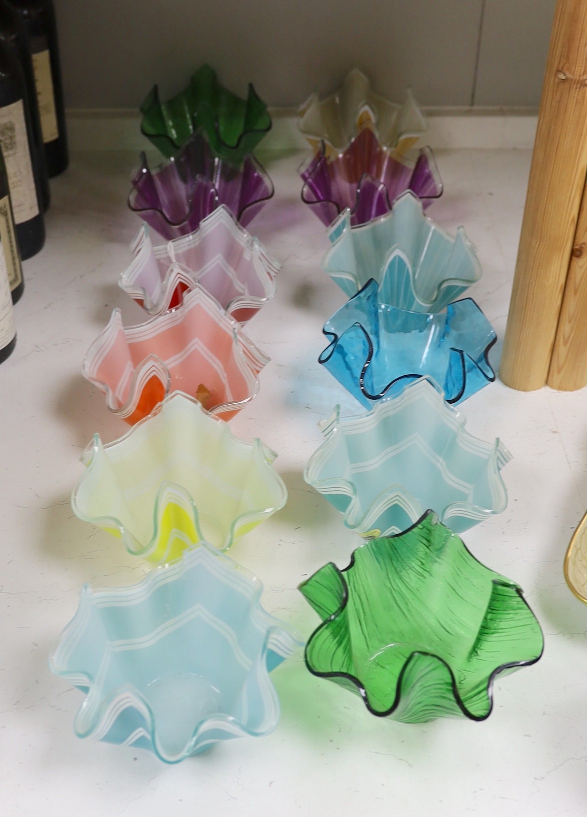 Twelve Chance glass handkerchief vases, approximately 10 cm high